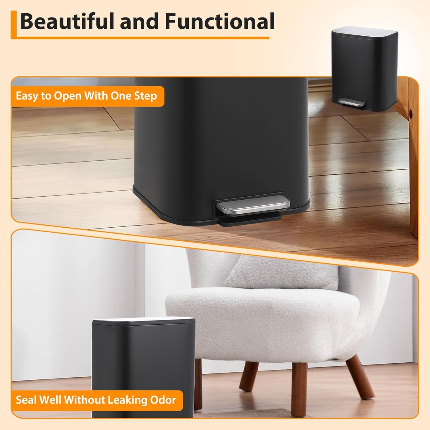 Bathroom Trash Can with Lid, 3.2 Gallon Stainless Steel Garbage Can with Step-On Pedal and Inner Bucket, Rectangular Trash Can for Kitchen Office Living Room Small Spaces (12 L, Black)