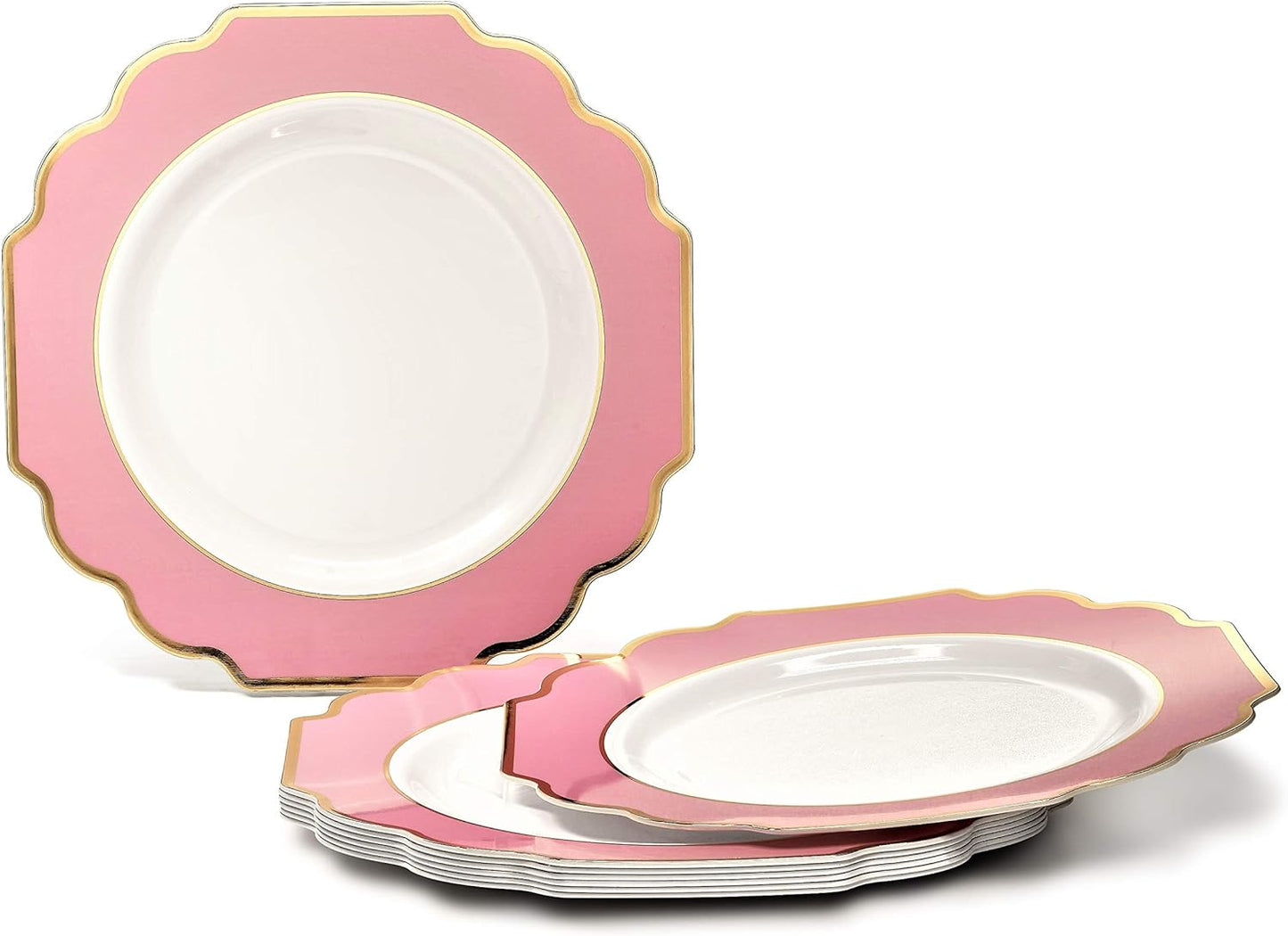 " OCCASIONS " 50 Plates Pack (25 Guests)-Heavyweight Wedding Party Disposable Plastic Plate Set -(25x10.5'' Dinner + 25x8'' Salad/Dessert) (Imperial in Rose Pink & Gold)