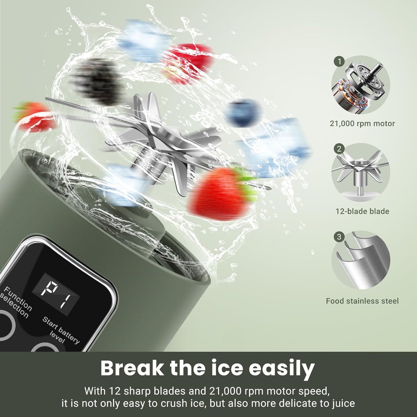 Portable Blender Personal Electric USB，500ML Portable juicer Shakes and Smoothies Blender，Small Blenders，Mixing，Compact、Convenient and Versatile (Green)