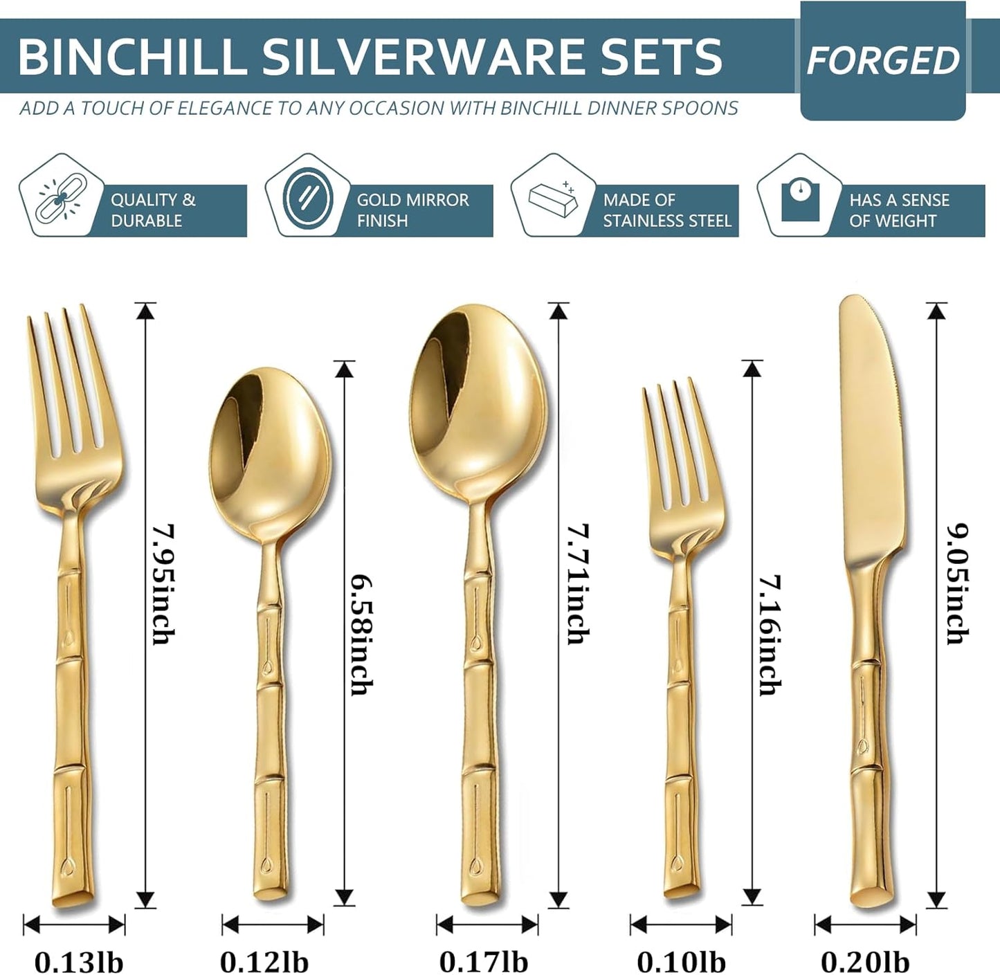 Gold 20-Piece Silverware Set, Bamboo Pattern Stainless Steel Flatware Set, Cutlery Set Mirror Polished, Dishwasher Safe, Service for 4