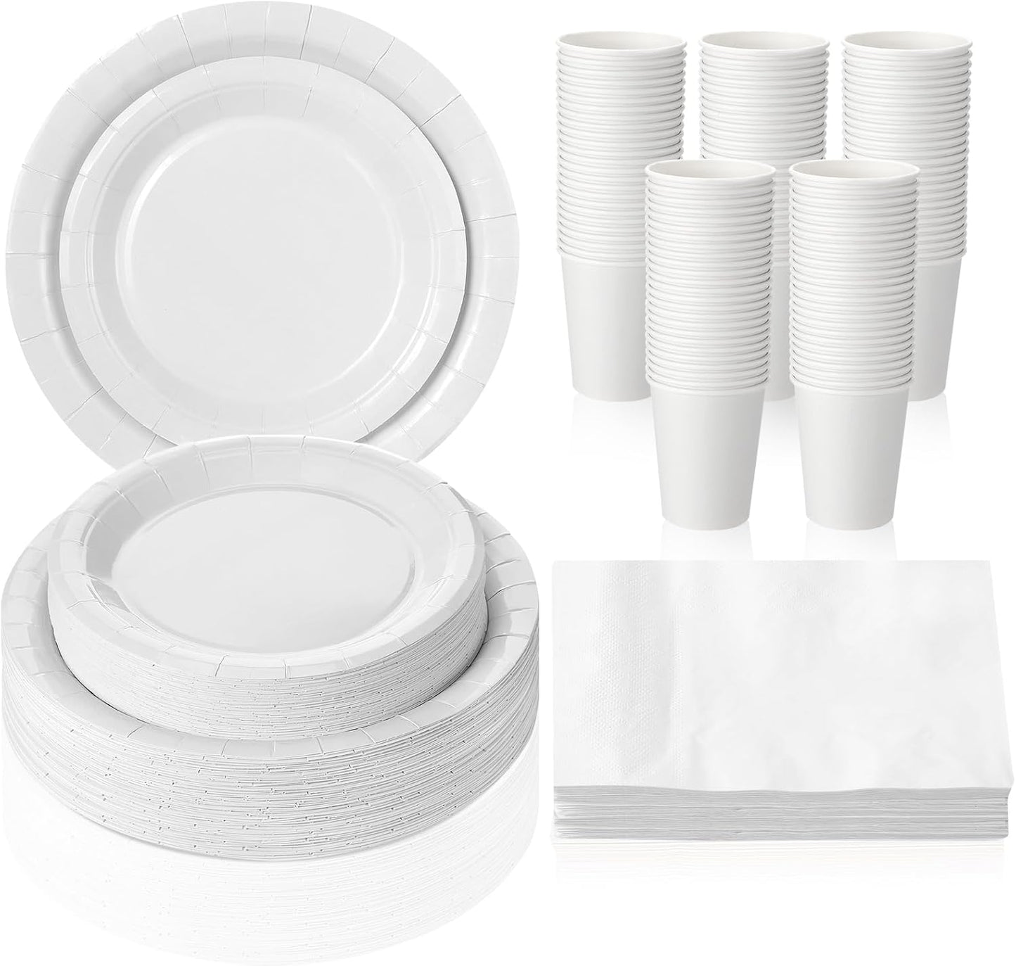 Tioncy 200 Pcs Disposable Paper Plates Cups and Napkins Party Supplies Serve 50 Guests Disposable Paper Dinnerware Set for Halloween Birthday Wedding Baby Shower Family Picnic(Sand White)
