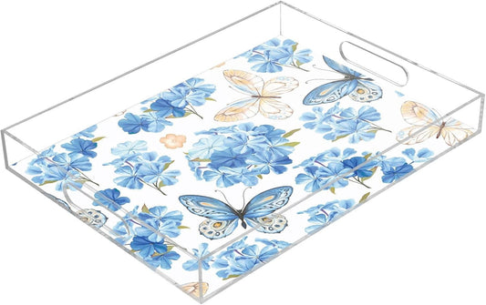 Acrylic Serving Tray with Handles Spill Proof Kitchen Storage Tray Clear Decorative Tray Makeup Drawer Organizer Storage Tray for Bathroom Living Room Ottoman 15.7x11.8Inches