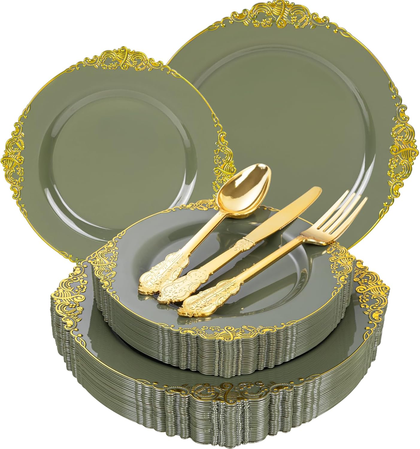 125PCS Olive Green Plastic Plates - Green and Gold Disposable Plates - Vintage Plate with Gold Plastic Silverware Sets for 25 Guests for Christmas & Party