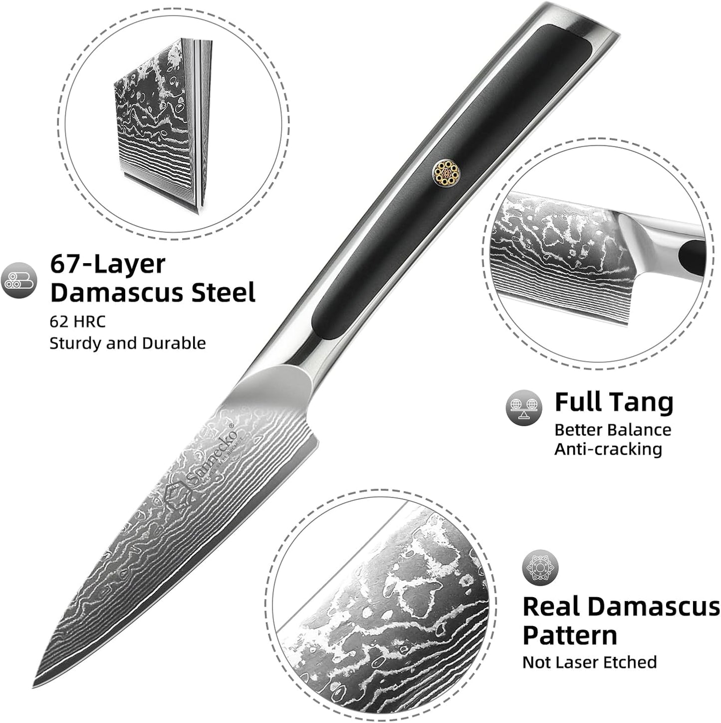 Sunnecko Paring Knife 3.5 Inch, Fruit Knife with 67-layers Damascus Steel VG-10 Blade Small Knife, Peeling Knife with Inlaid Handle Small Kitchen Knife Perfect for Cutting Fruit Vegetables Petty Knife