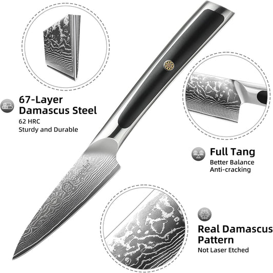 Sunnecko Paring Knife 3.5 Inch, Fruit Knife with 67-layers Damascus Steel VG-10 Blade Small Knife, Peeling Knife with Inlaid Handle Small Kitchen Knife Perfect for Cutting Fruit Vegetables Petty Knife