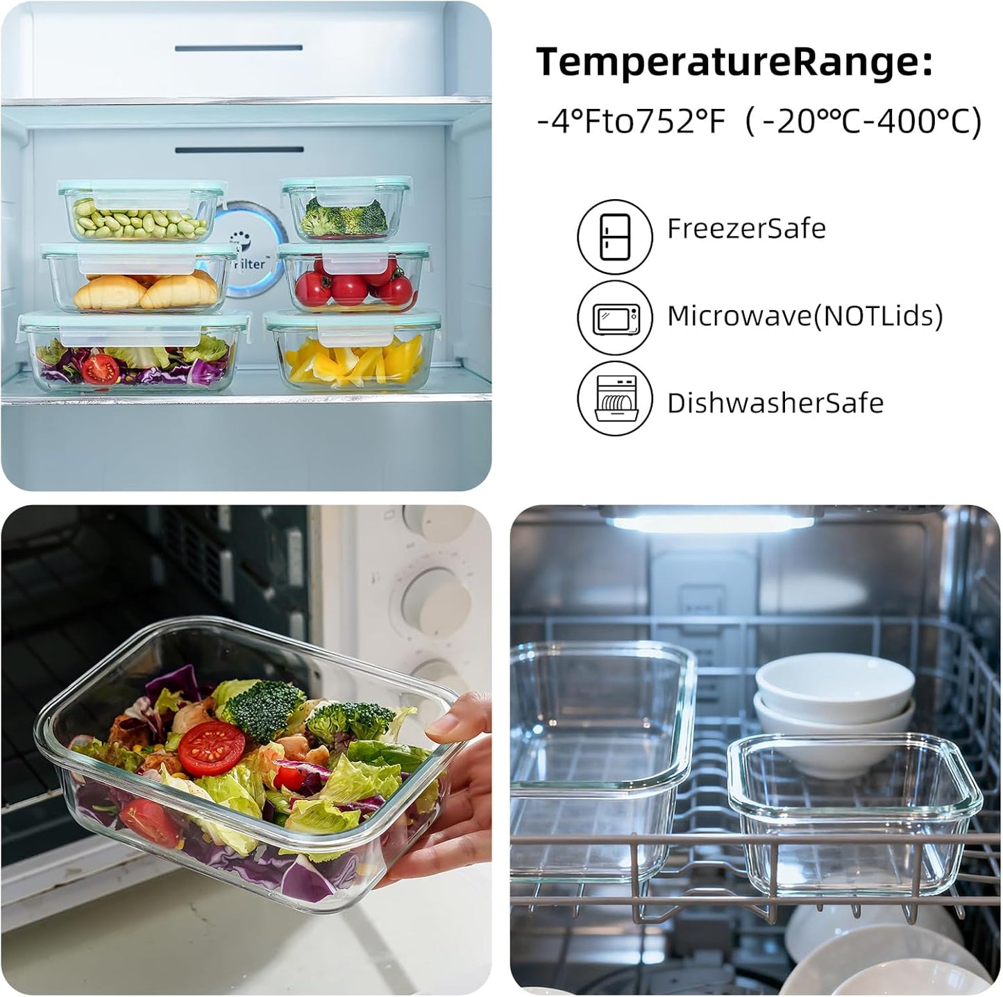 8-piece glass food storage container, glass pre meal preparation container, with sealing cover, suitable for use in microwave ovens, ovens, refrigerators, and dishwashers