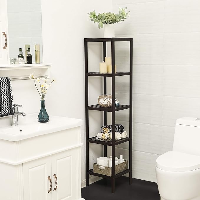 SONGMICS Bamboo Storage Shelf, 5-Tier Shelving Unit, Multifunctional, in the Entryway, Bathroom, Living Room, Balcony, Kitchen, 13 x 13 x 57.5 Inches, Brown UBCB55Z