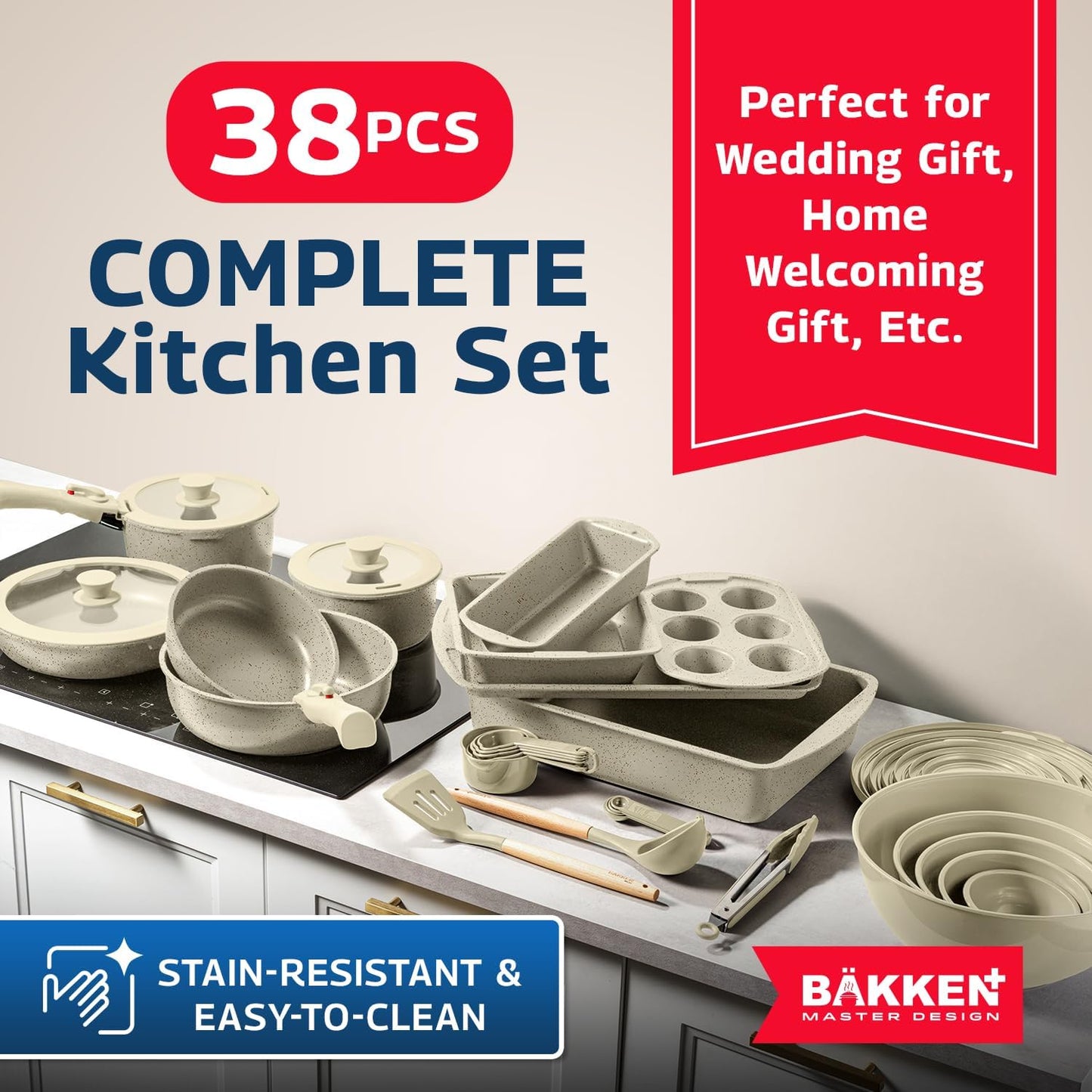 Bakken Master 38 Piece Granite Cookware and Bakeware Set – Nonstick Granite Coating, Pots and Pans with Detachable Handles and Tempered Glass Lids, 6-piece Bakeware set, 12-piece Mixing Bowls, White