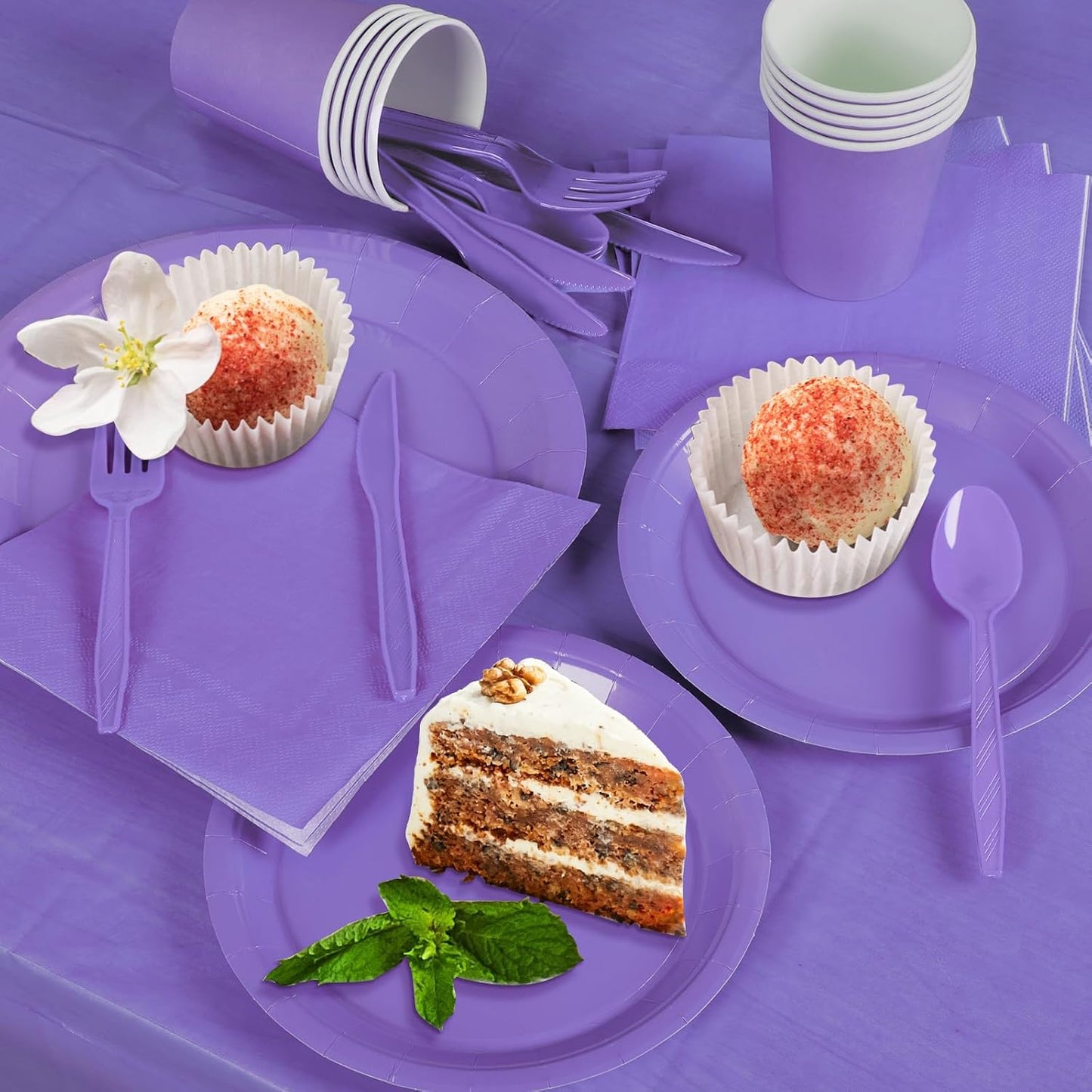 TWOWYHI 229PCS Purple Party Supplies Set Paper Disposable Plates Cups Plastic Spoons Forks Knives Purple Napkins for 30 Guests Disposable Party Dinnerware Sets for Wedding Birthday Parties