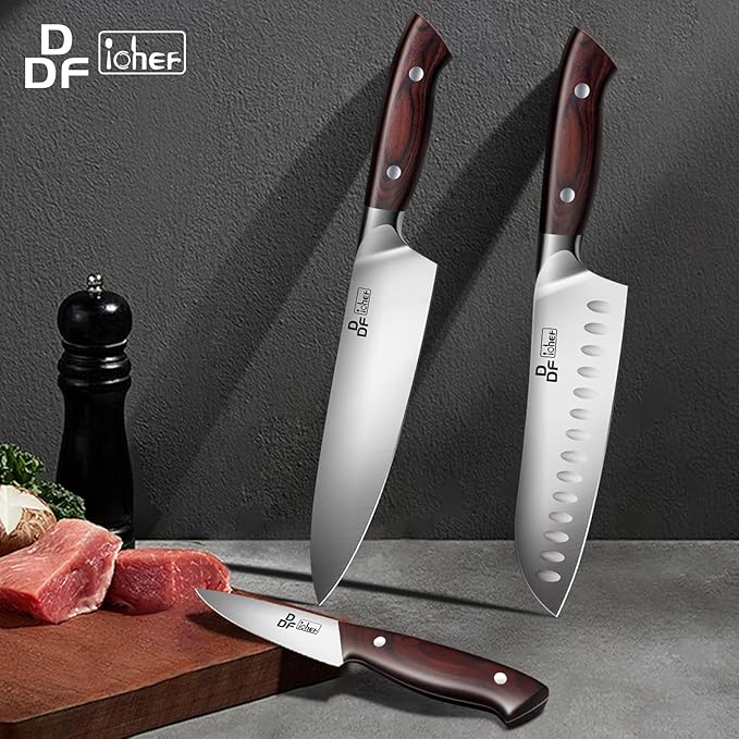 DDF iohEF Knife Set 3 Piece, Sharp Kitchen Knife Set Professional Chef Knife Set for Kitchen Japanese Stainless Steel Cooking Knives with Ergonomic Pakkawood Handle
