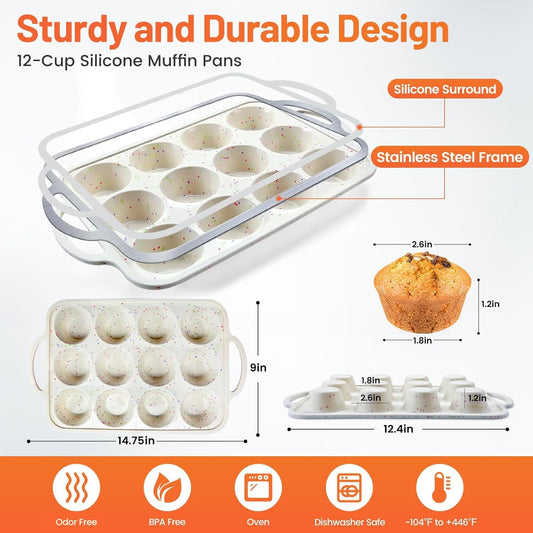 2Pack Silicone Muffin Pan for Baking with Metal Reinforced Frame, 12 Cup Regular Size Cupcake Pan, BPA Free Silicone Muffin Tray, Cupcake Baking Pan Molds for Oven Dishwasher Safe