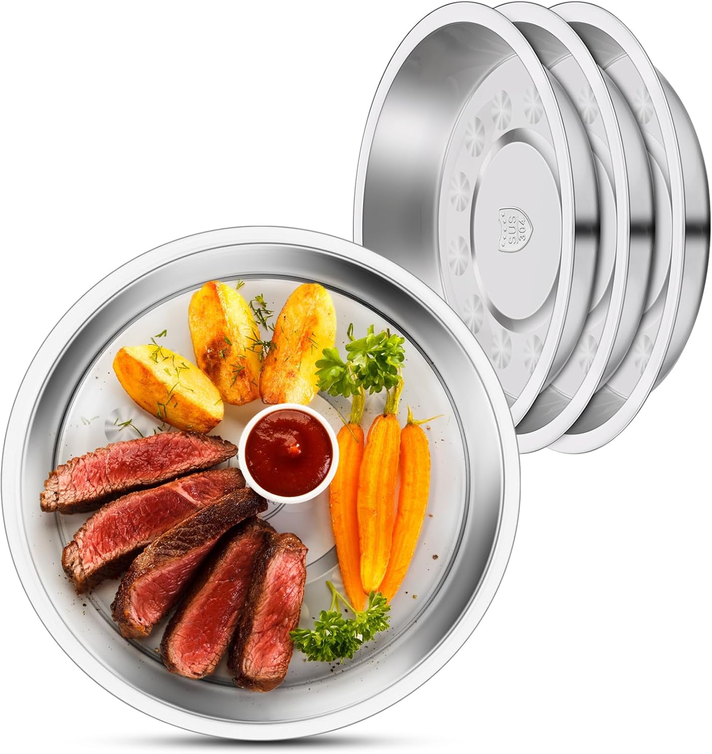 4 Patterned Deep Stainless Steel Plates, 7.8 inch 304(18/8) Metal Camping Plate, Reusable Food Serving Snack Eating Dishes Round Shatterproof Silver BBQ Dinner Dinnerware Oven Dishwasher Safe