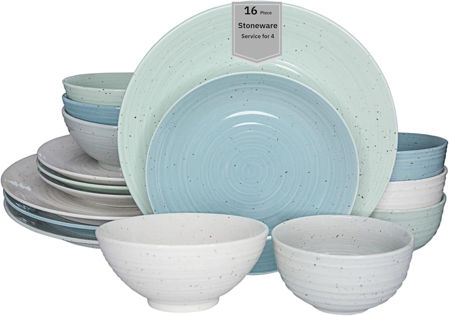Sango Siterra Artist's Blend 16-Piece Stoneware Dinnerware Set for 4, Green, Cream & White Glossy Dishes with Speckles, Ceramic Plates and Bowls Sets for Everyday Dining, Microwave & Dishwasher Safe