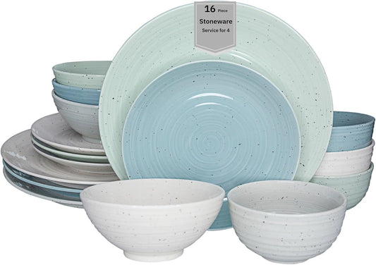 Sango Siterra Artist's Blend 16-Piece Stoneware Dinnerware Set for 4, Green, Cream & White Glossy Dishes with Speckles, Ceramic Plates and Bowls Sets for Everyday Dining, Microwave & Dishwasher Safe