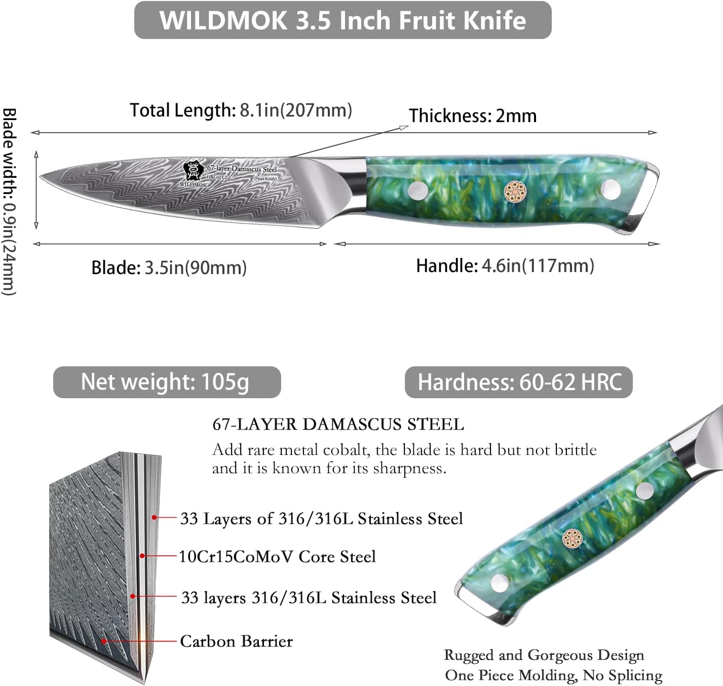 WILDMOK Paring Knife 3.5 Inch, 67 layers Damascus Steel VG 10 Blade Fruit Knife, Small Kitchen Knife, Perfect for Cutting Fruit Vegetables Petty Knife