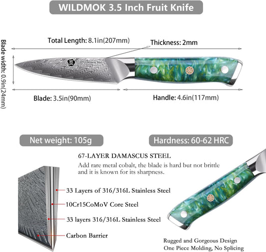 WILDMOK Paring Knife 3.5 Inch, 67 layers Damascus Steel VG 10 Blade Fruit Knife, Small Kitchen Knife, Perfect for Cutting Fruit Vegetables Petty Knife
