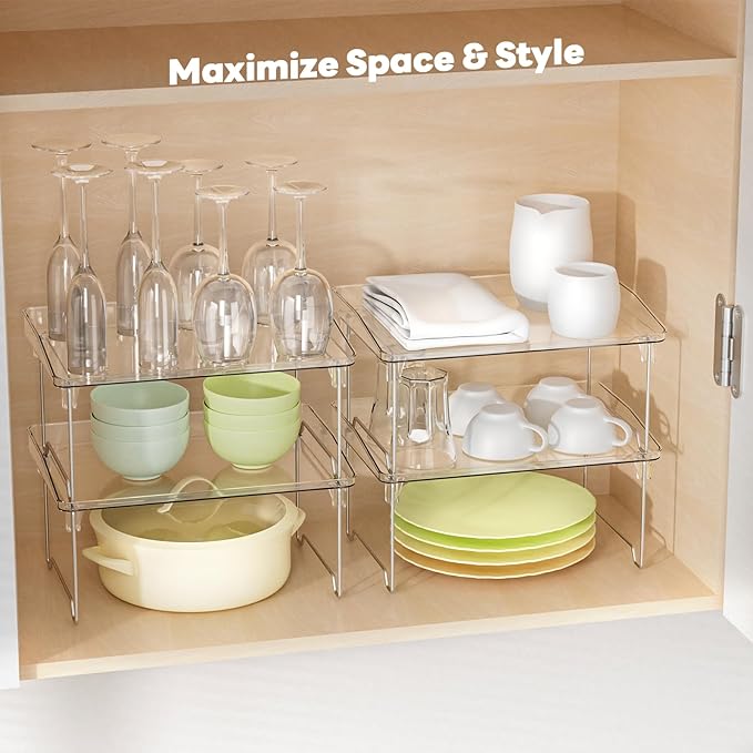 Acrylic Cabinet Organizer Shelf,4 Pcs Stackable Kitchen Counter Shelves,Spice Rack,Countertop Organizers,Clear Plastic Storage Organization for Makeup，Bathroom,Cupboard,Desk,Pantry