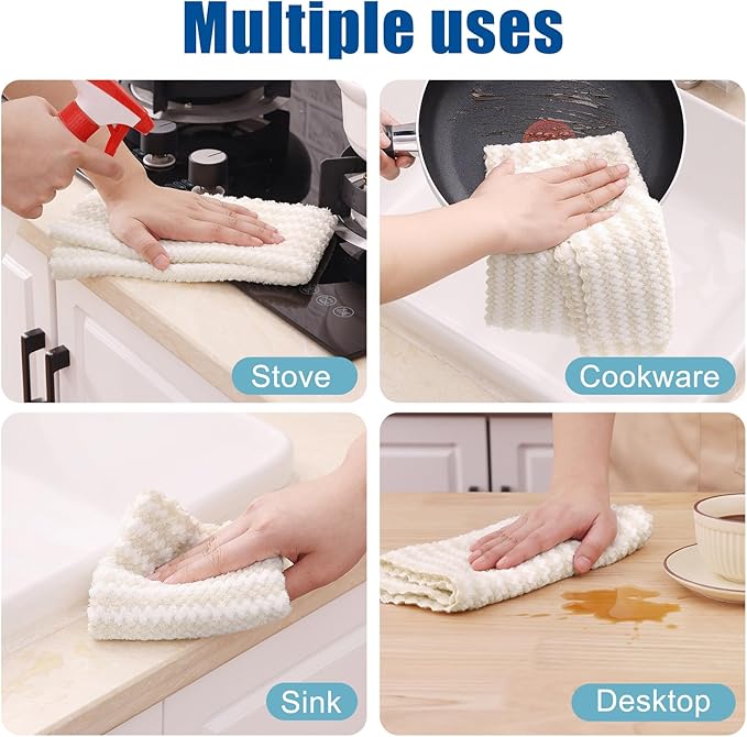 Homaxy Kitchen Towels(12 Pack, 10 x 20 inches), Ultra Soft and Absorbent Dish Towels, Reusable Fast Drying Microfiber Cleaning Cloth, Coral Velvet Wave Design No-lint, Beige