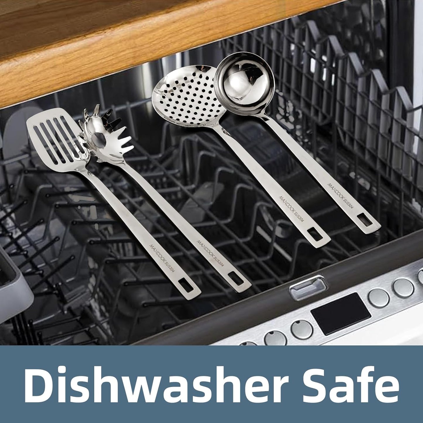 18/8 Stainless Steel Cooking Utensil set, 8 Pieces Metal Kitchen Utensils set, Slotted Spoon,Meat Fork,Ladle,Skimmer,Spatula,Spaghetti Server,Large Spoon,Masher (Dishwasher Safe, Silver)