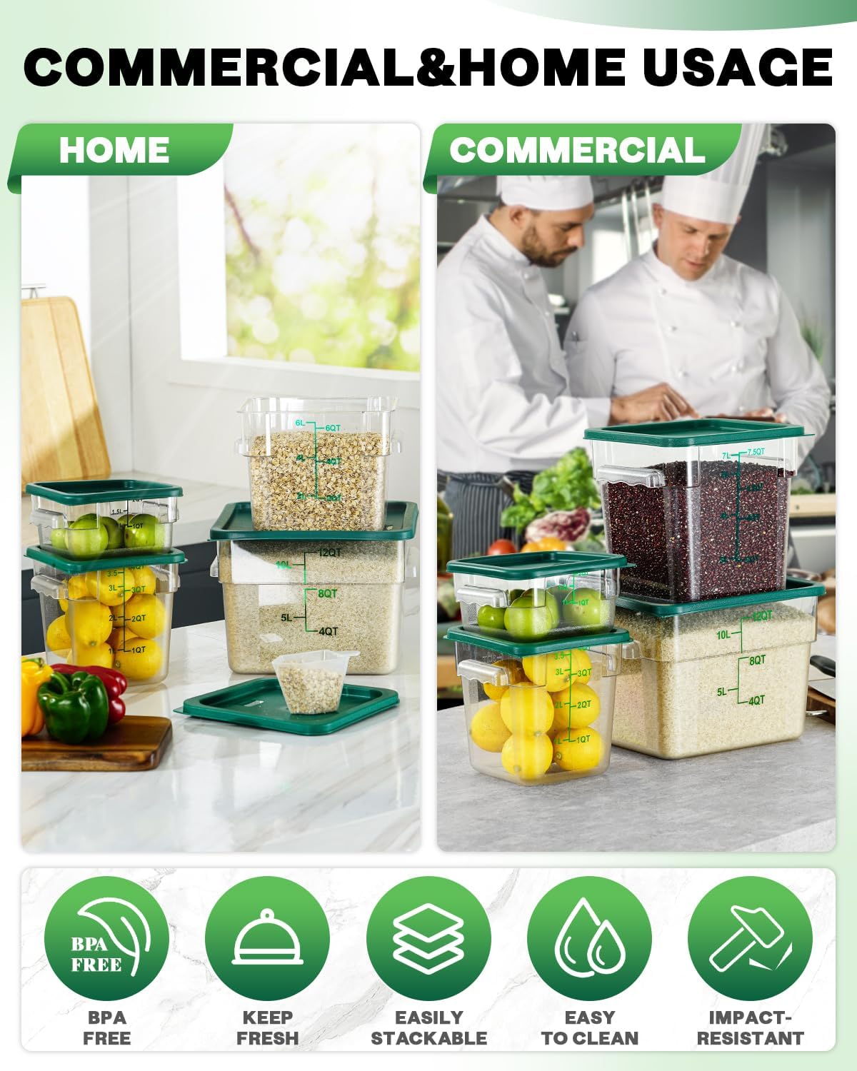 2QT&4QT NSF Food Storage Containers: 8 PCS[Food Grade] [Hot&Cold Resistant] Commercial Clear Square Food Storage Containers with Scales Handles for Home Restaurant Kitchen(BPA FREE)