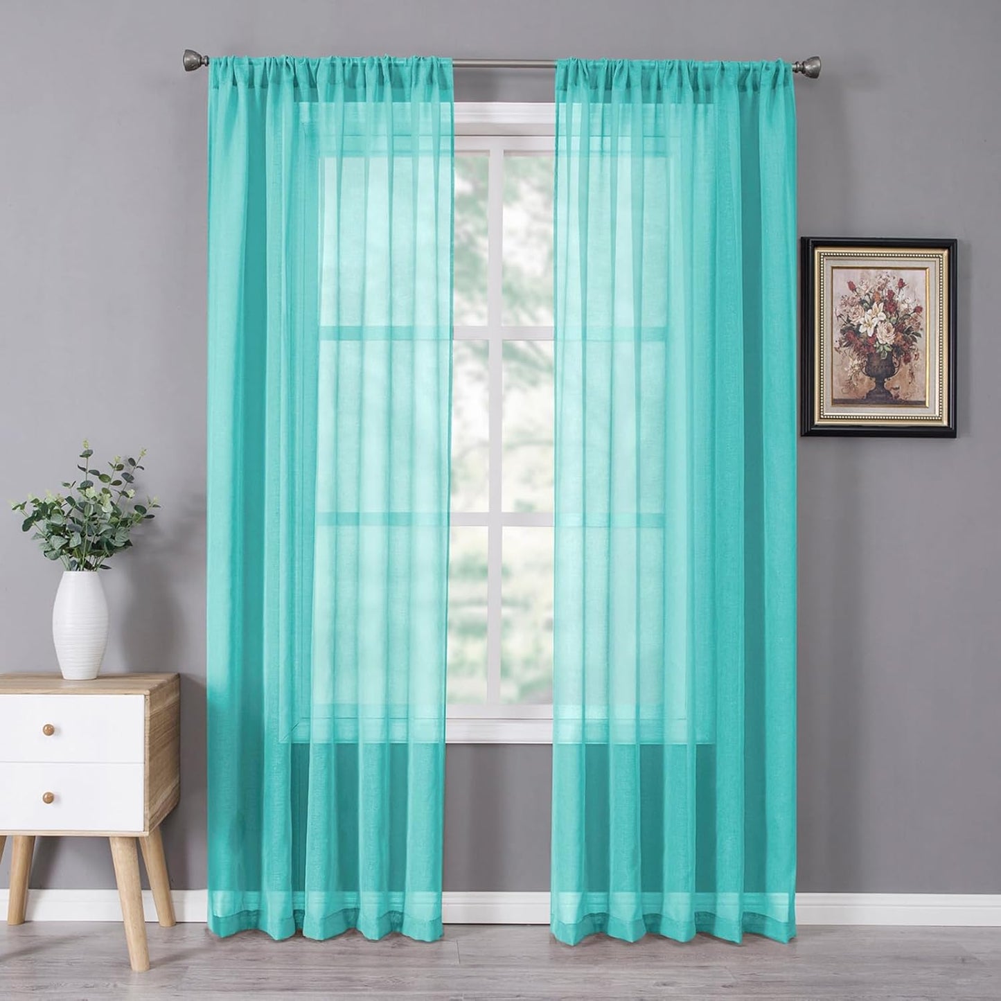 Tollpiz Sheer Curtains Bedroom Linen Textured Curtain Sheers Light Filtering Voile Rod Pocket Curtains for Living Room, 38 x 84 inches Long, Aqua Blue, Set of 2 Panels