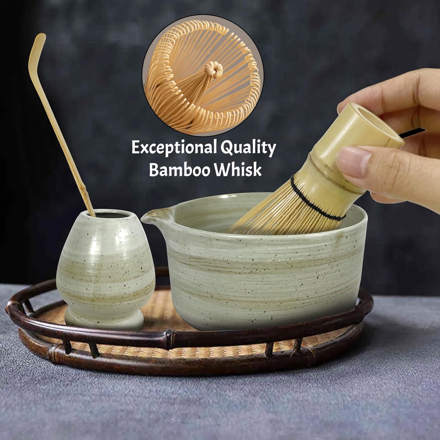 Matcha Whisk Set 6 pc Kit - Traditional Japanese Chasen, Bamboo Whisk Holder, Ceramic Bowl with Spout, Sifter & 2 pc Spoons - matcha kit set, Gift for Matcha Tea Lovers(Gray)