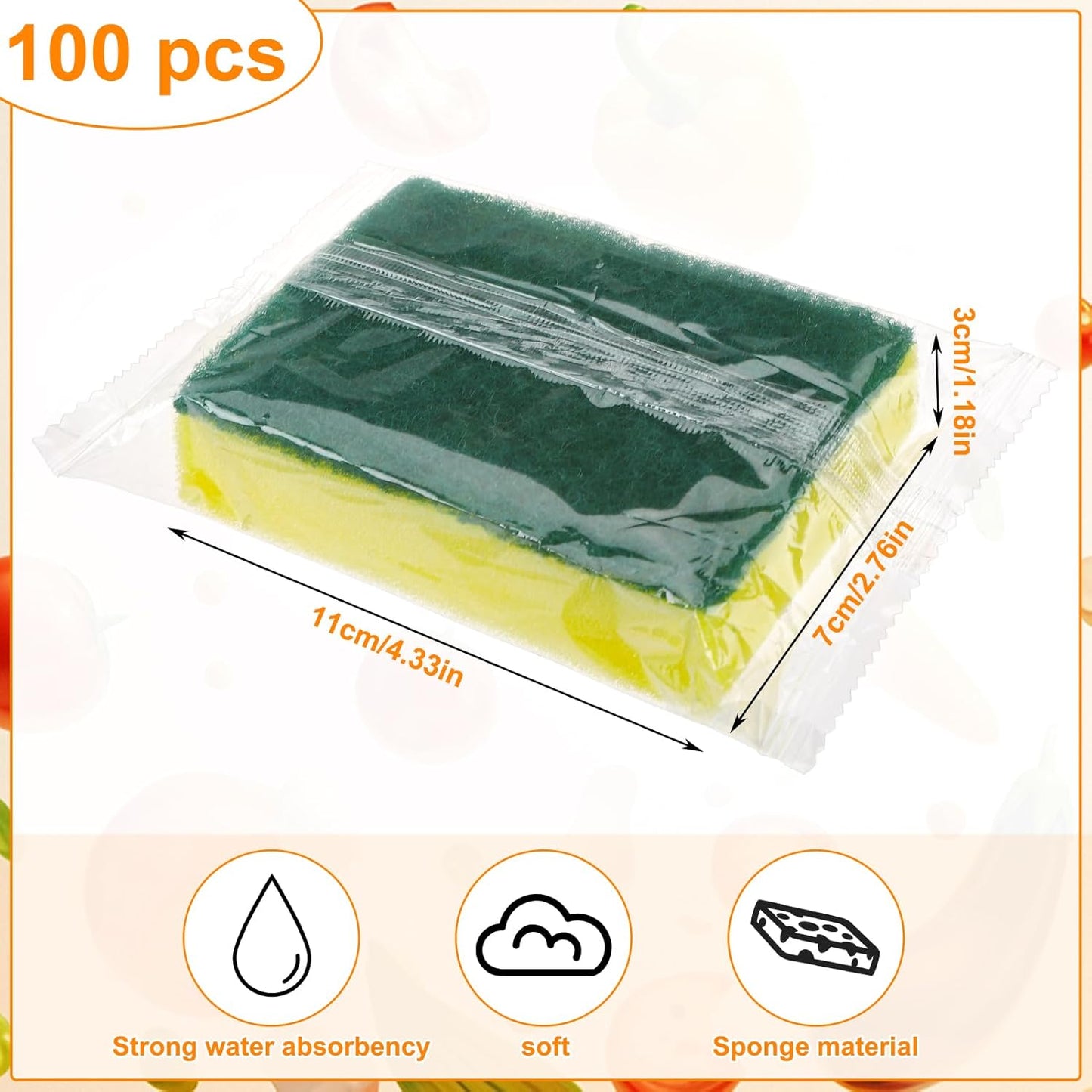 100 Pcs Individually Wrapped Sponges, Uncompressed Non Scratch Scrouing Sponges for Household Cleaning Dishes Kitchen Airbnb Apartment Car Bike Green