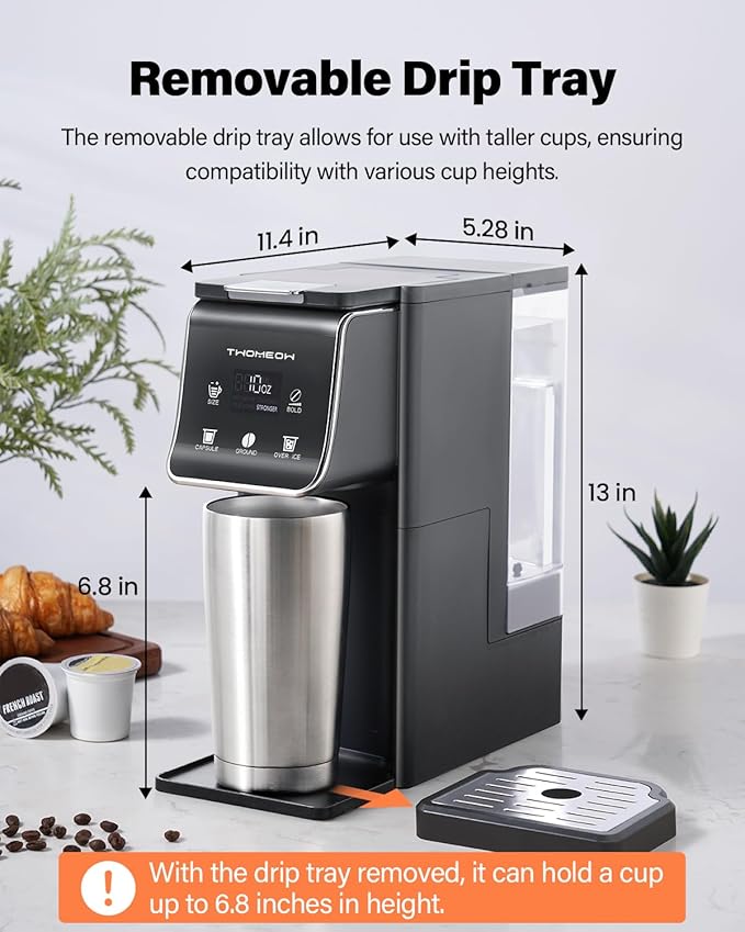 K Cup Coffee Maker With Bold Setting, Single Serve Hot & Iced Coffee Maker for K-Cup and Grounds, 52oz Removable Water Tank, 6 to14oz Brew Sizes, Pod Coffee Machine With Reusable Filter, Gray