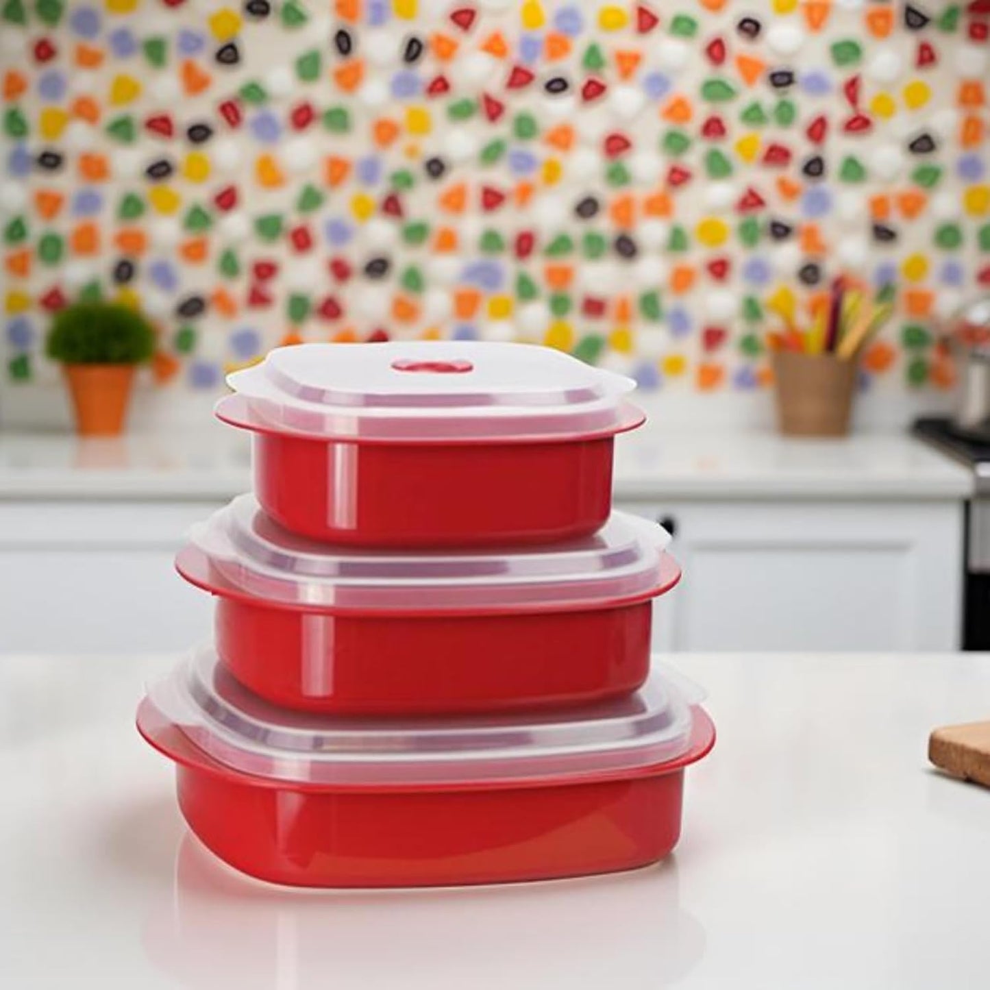 Reston Lloyd Nesting Microwave Containers, Set of 3, Adjustable Steam Vents, Airtight, Meal Prep, Durable BPA-Free Plastic- Freezer & Dishwasher Safe, Cookware & Food Storage, Anyday Cookware, Pink