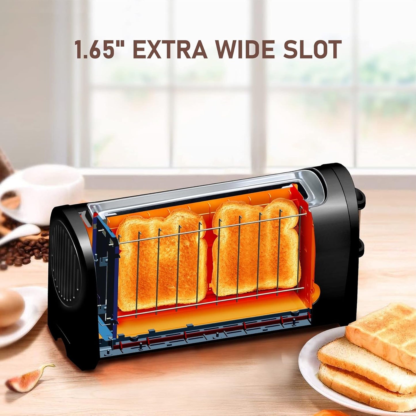 Long Slot Toaster with Cover, 2 Slice 1.65'' Extra Wide Slot Stainless Steel Toasters with Reheat Defrost Cancel Functions,6 Shade Settings, Single Slim Bread Toaster,Removable Crumb Tray,Matte Black