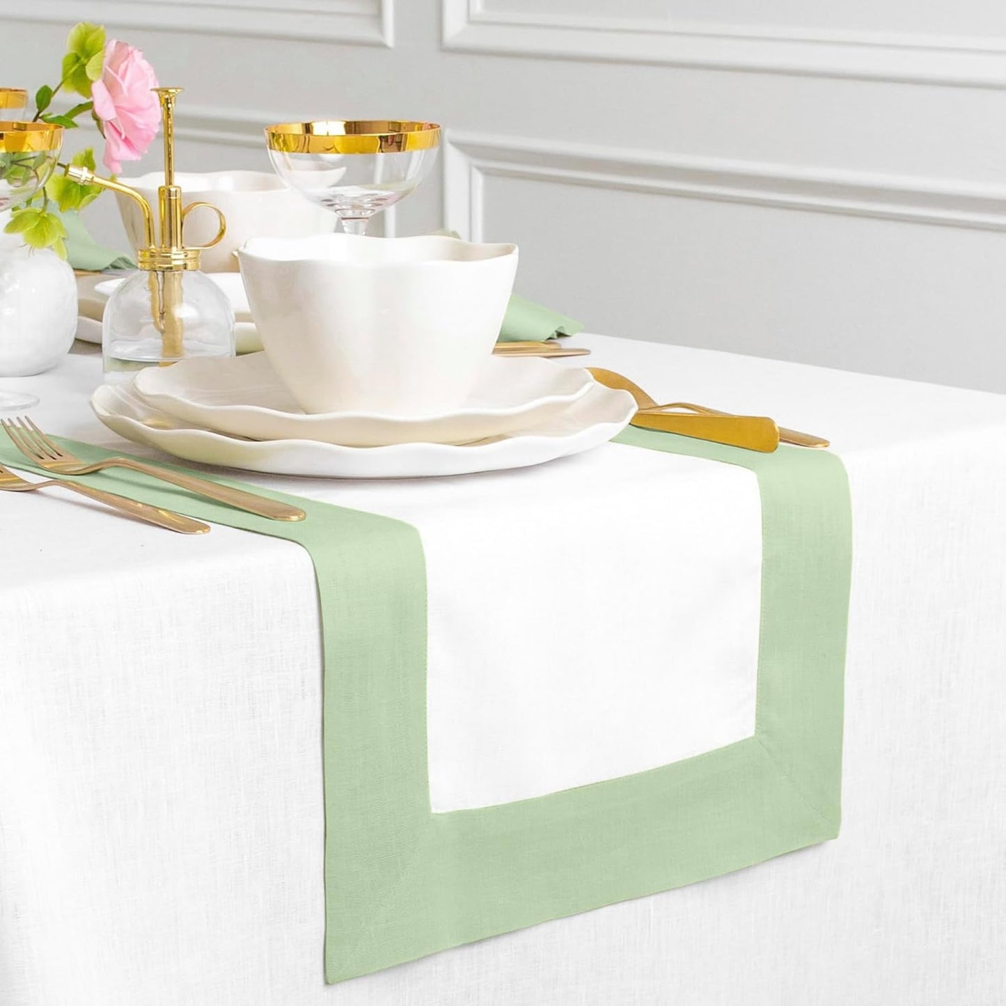 Solino Home Linen Table Runner 72 Inches Long - 100% Pure Linen Light Green and White Dining Table Runner 14 x 72 Inch - Contempo