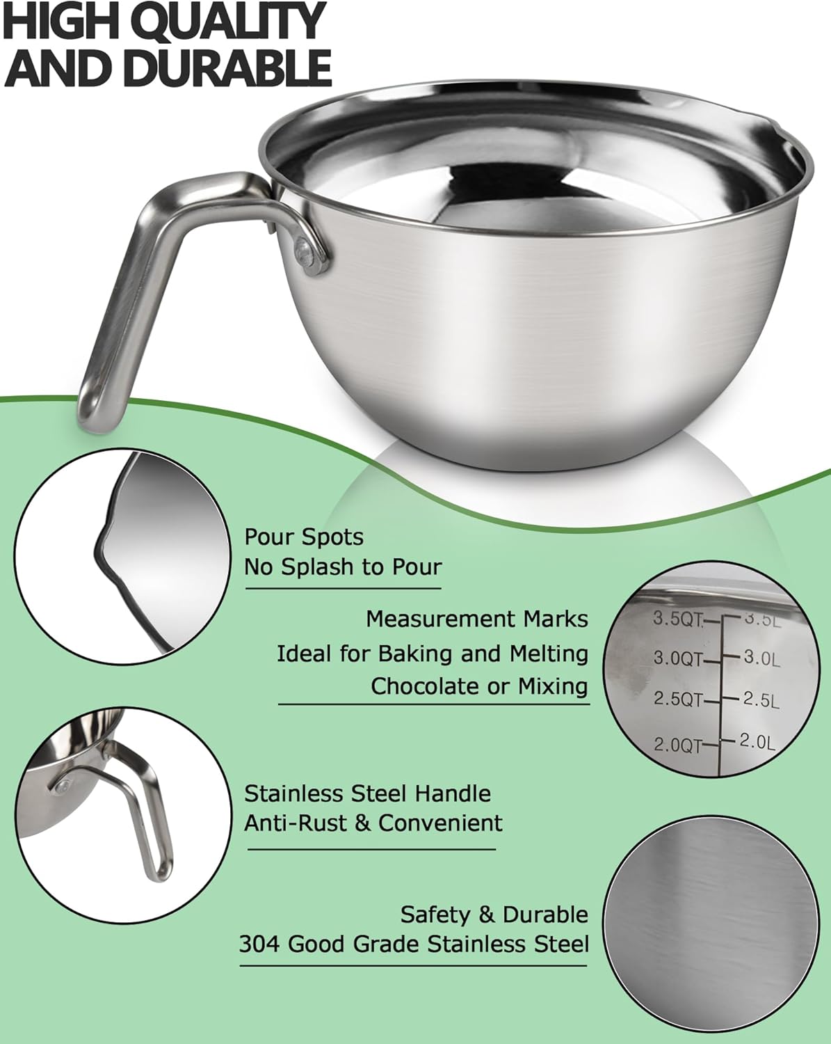 Large Double Boiler Pot Set,3500ML/3.1QT Mixing Bowl for Chocolate Melting, 5000ML/ 4.5QT 304 Stainless Steel Pot With Silicone Spatula for Melting Chocolate, Candy, Candle, Soap, Wax