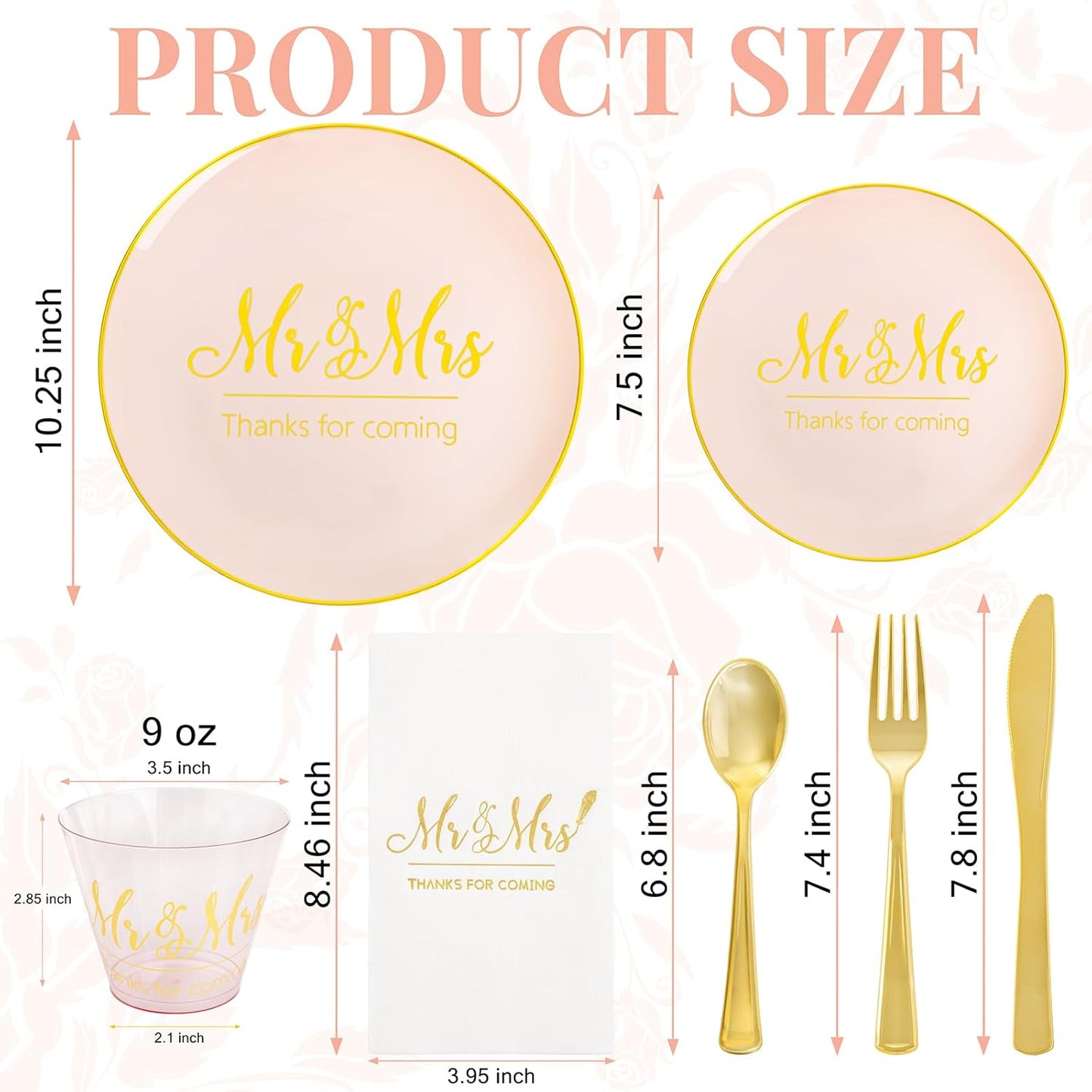 I00000 Mr and Mrs Wedding Pink Plastic Plates and Napkins Set,Bridal Shower Plates Set for 25 Guests Include 25 Dinner Platos,25 Dessert Platos,25 Cups,25 Napkins,25 Cutlery for Engagement Party Decor