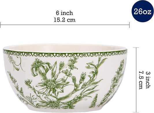 Bico Green Garden Toile De Jouy Cereal Bowls Set of 4, 26 oz Deep Ceramic Soup Bowls for Cereal, Salad, Noodles, Kitchen, Microwave and Dishwasher Safe, Gift for Housewarming and Thanksgiving