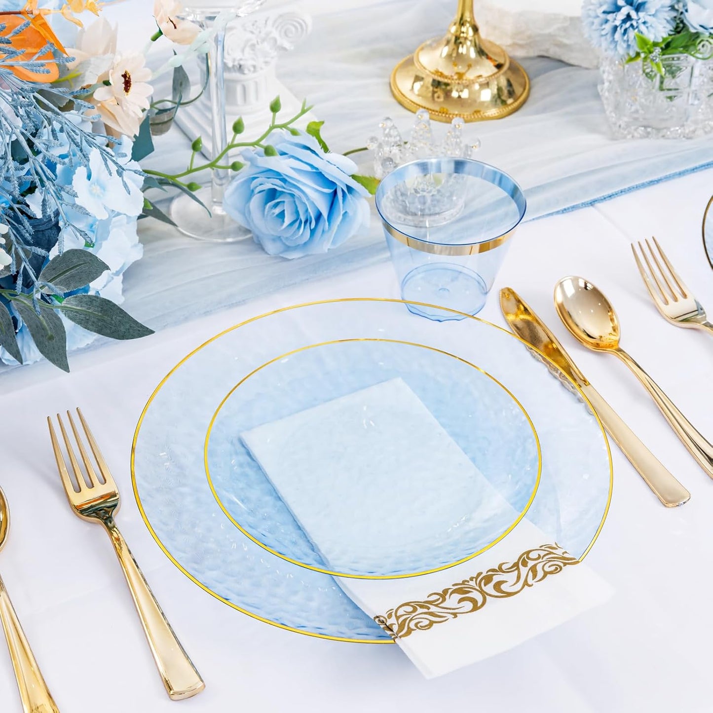 DaYammi 175PCS Clear Blue Gold Plastic Dinnerware Set for 25 Guests, Hammered Disposable Plates for Party, Include: 25 Dinner Plates, 25 Dessert Plates, 75 Gold Silverware, 25 Napkins, 25 Cups