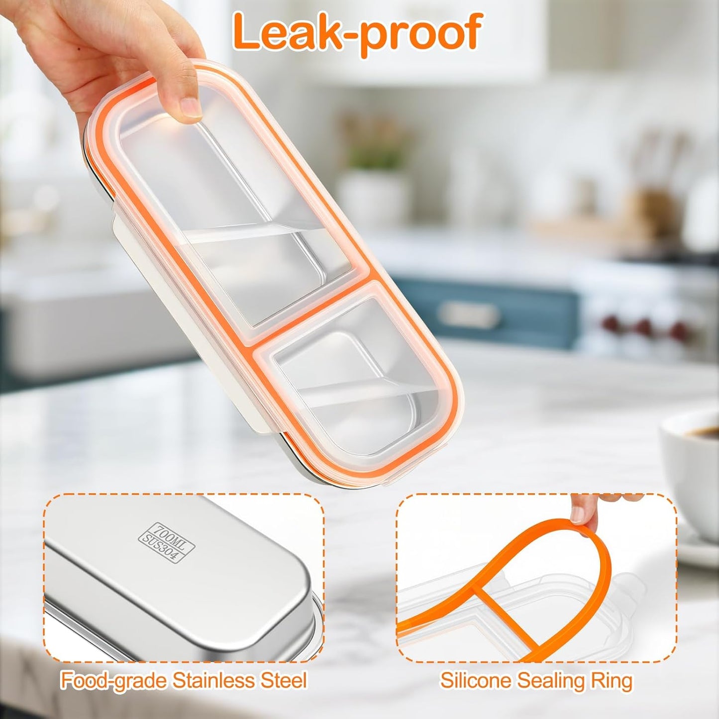 2 Pack Stainless Steel Snack Containers with Lids, Multiple Compartment Leak-Proof Metal Bento Lunch Box, Reusable Divided Food Storage for Work, Travel, Camping