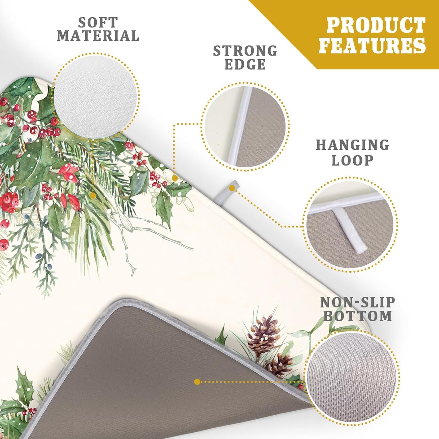 Giwawa Poinsettia Dish Drying Mat for Countertop 18"x24" Christmas Red Floral Winter Holly Berries Dish Drainer Mats Absorbent Microfiber Dish Drying Pad Protector for Kitchen Home Decor Large