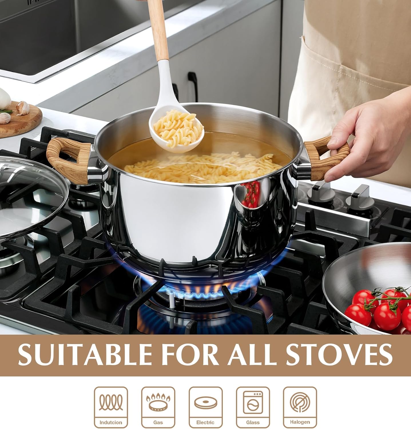 KOCH SYSTEME CS Stainless Steel Pot - 8 Quart Stainless Steel Stock Pot with Visible Lid, Steel Soup Pots with Heat-Resistant Bakelite Double Handle, Dishwasher Safe, Induction Compatible, 8QT