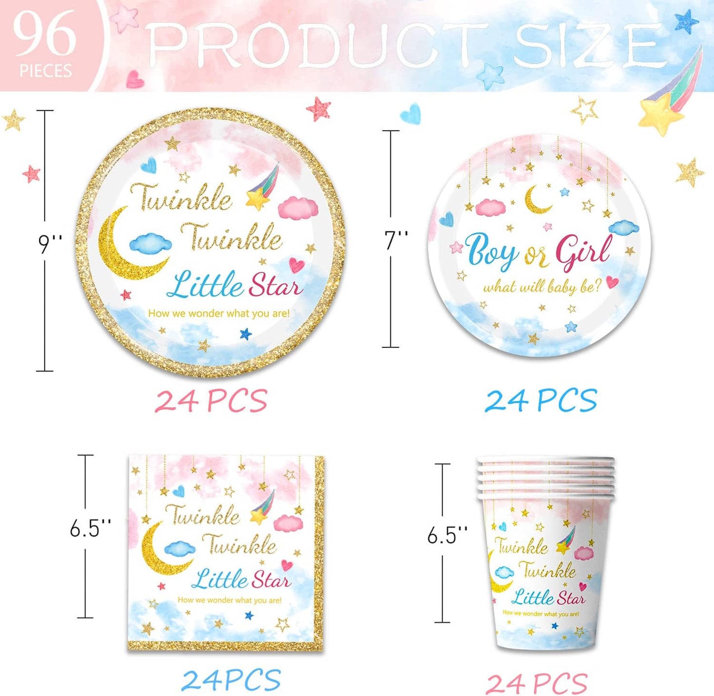 96Pcs Twinkle Twinkle Little Star Gender Reveal Party Supplies Tableware Set little Star Baby Shower Plates Napkins Forks Dinnerware for Baby Shower Decorations Girls or Boys Theme Party, 24 Guests