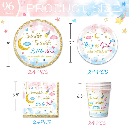 96Pcs Twinkle Twinkle Little Star Gender Reveal Party Supplies Tableware Set little Star Baby Shower Plates Napkins Forks Dinnerware for Baby Shower Decorations Girls or Boys Theme Party, 24 Guests
