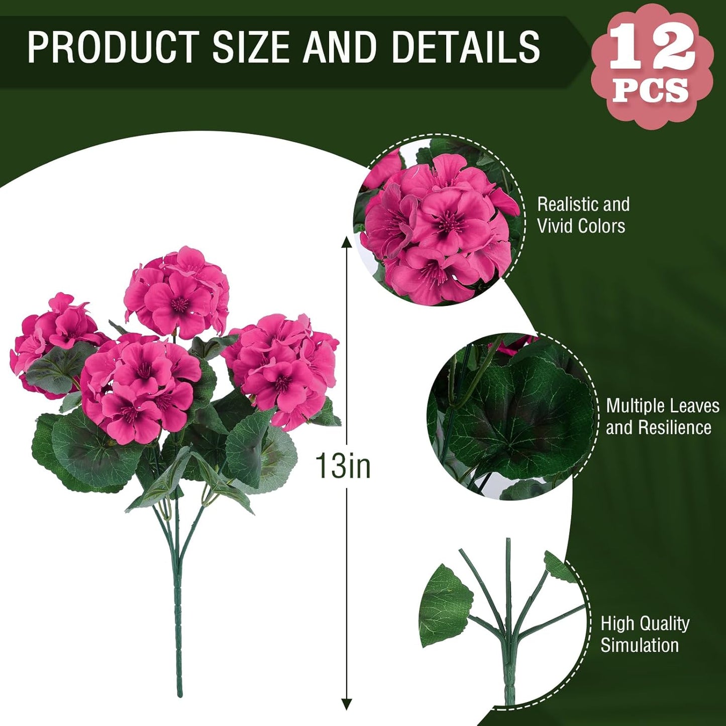 Hananona Artificial Geranium Flowers for Outdoors Geranium Silk Flowers Outdoor UV Resistant Garden Plants Faux Flowers for Home Kitchen Table Centerpieces Decor (12, Rose Red)