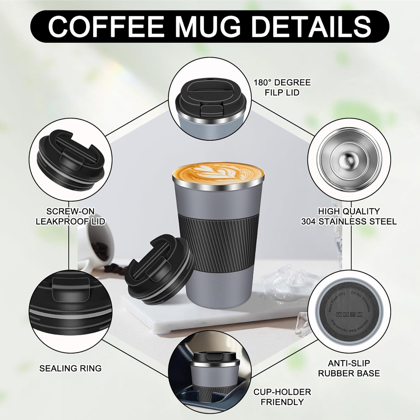 Coffee Travel Mug 12oz Insulated Coffee Mug with Lid Portable Spill-Proof Coffee Travel Mug No Handle Reusable Stainless Steel Mug Keeps Cold and Hot Suitable for Car, Daily, Travel and Gifts