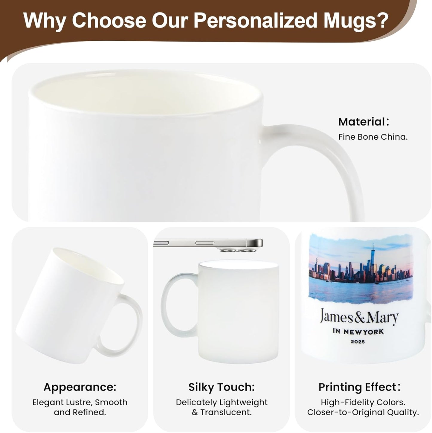 Custom Mug,Personalized 15oz Bone China Coffee Mug,Tazas Personalizadas with Photo,Text or Logo,Customized Gifts for Men & Women,Custom Mugs with Pictures,White