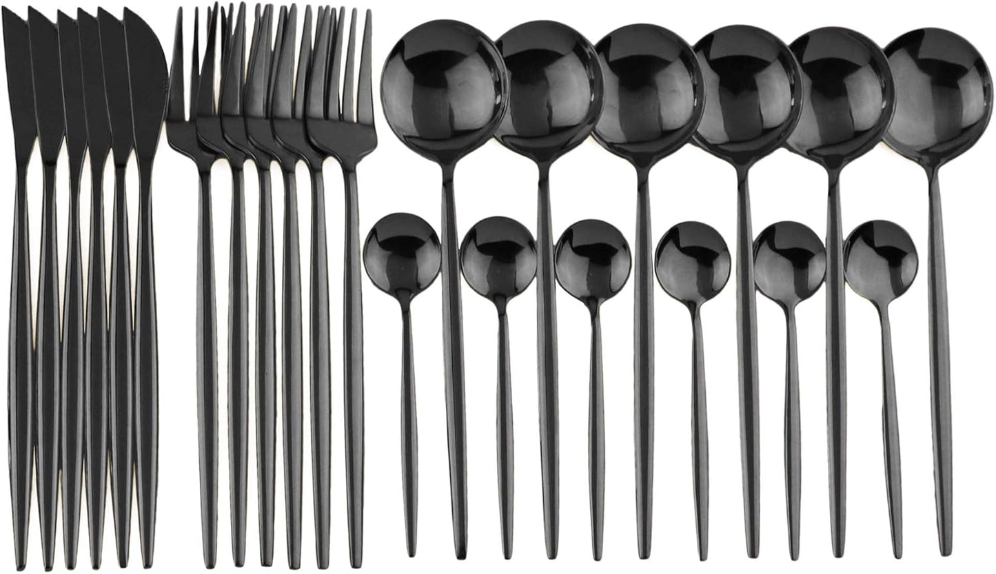 24-Piece Flatware Set, 18/0 Stainless Steel Knife Fork Spoon Teaspoon Silverware Set, Service for 6, Mirror Black