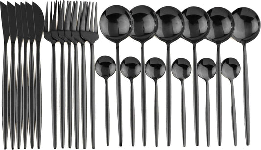 24-Piece Flatware Set, 18/0 Stainless Steel Knife Fork Spoon Teaspoon Silverware Set, Service for 6, Mirror Black