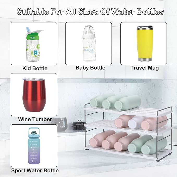 3-Shelf Water Bottle Organizer for Cabinet, Adjustable Tumbler Storage for Kitchen Organization,Drink and Water Bottle Storage for Pantry,Expandable Kitchen Organization，Water Bottle Holder