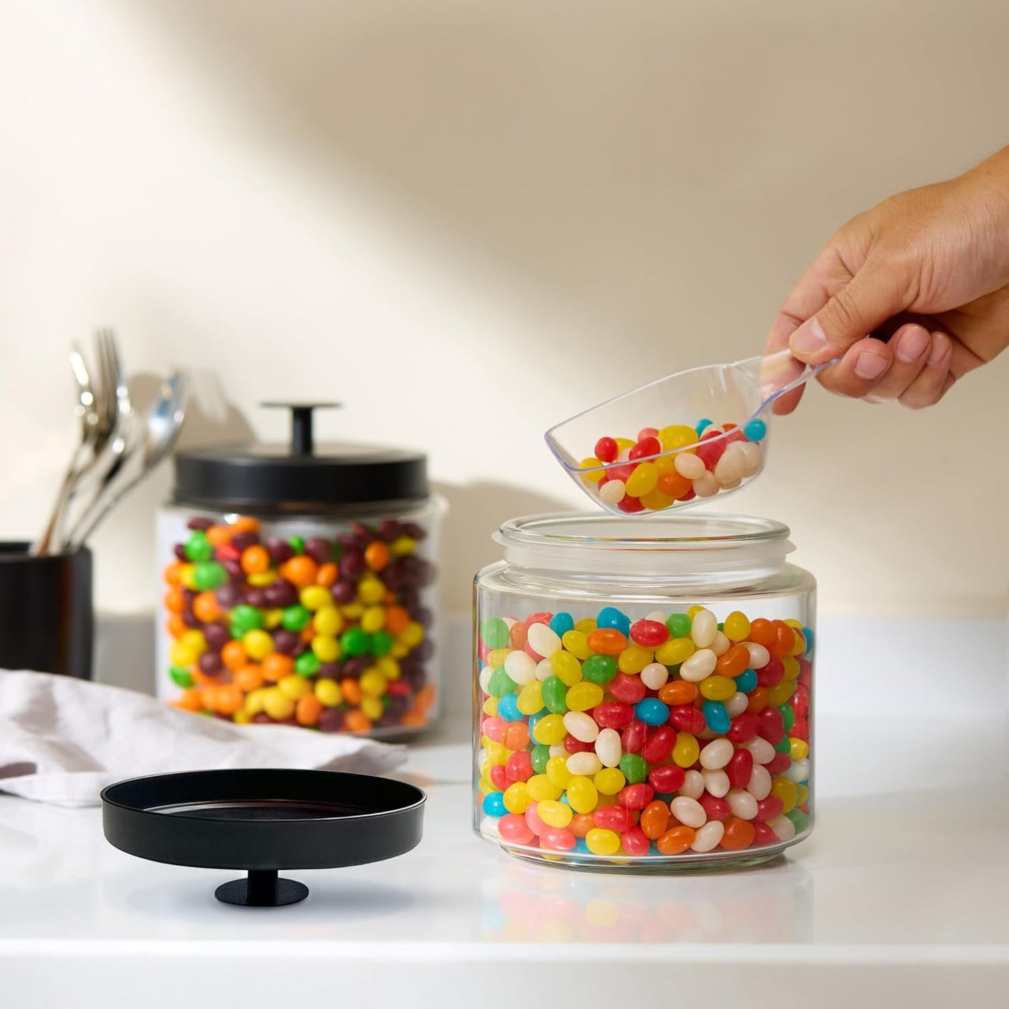 KooK Glass Kitchen Canister Set, Food & Storage Containers for Pantry, Bathroom Apothecary Jars, Tinplate tight Lids, Counter Organizers, 50 oz, Black, Set of 2