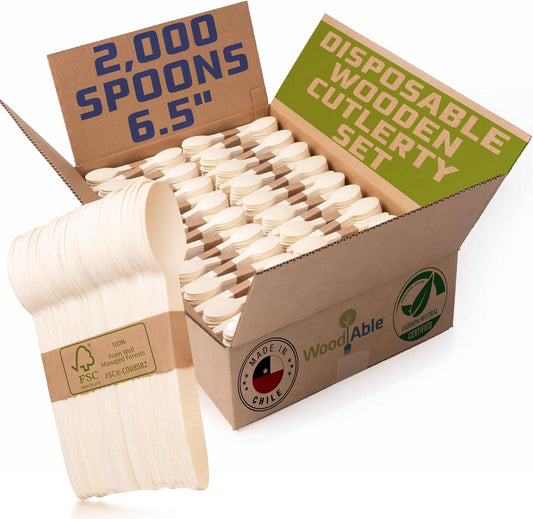 Disposable Wooden Cutlery Set - 100% Home Compostable - 2000 Spoons 6.5", Bamboo Utensils Alternative, Eco-Friendly, Organic, Sustainable and Carbon Neutral Certified