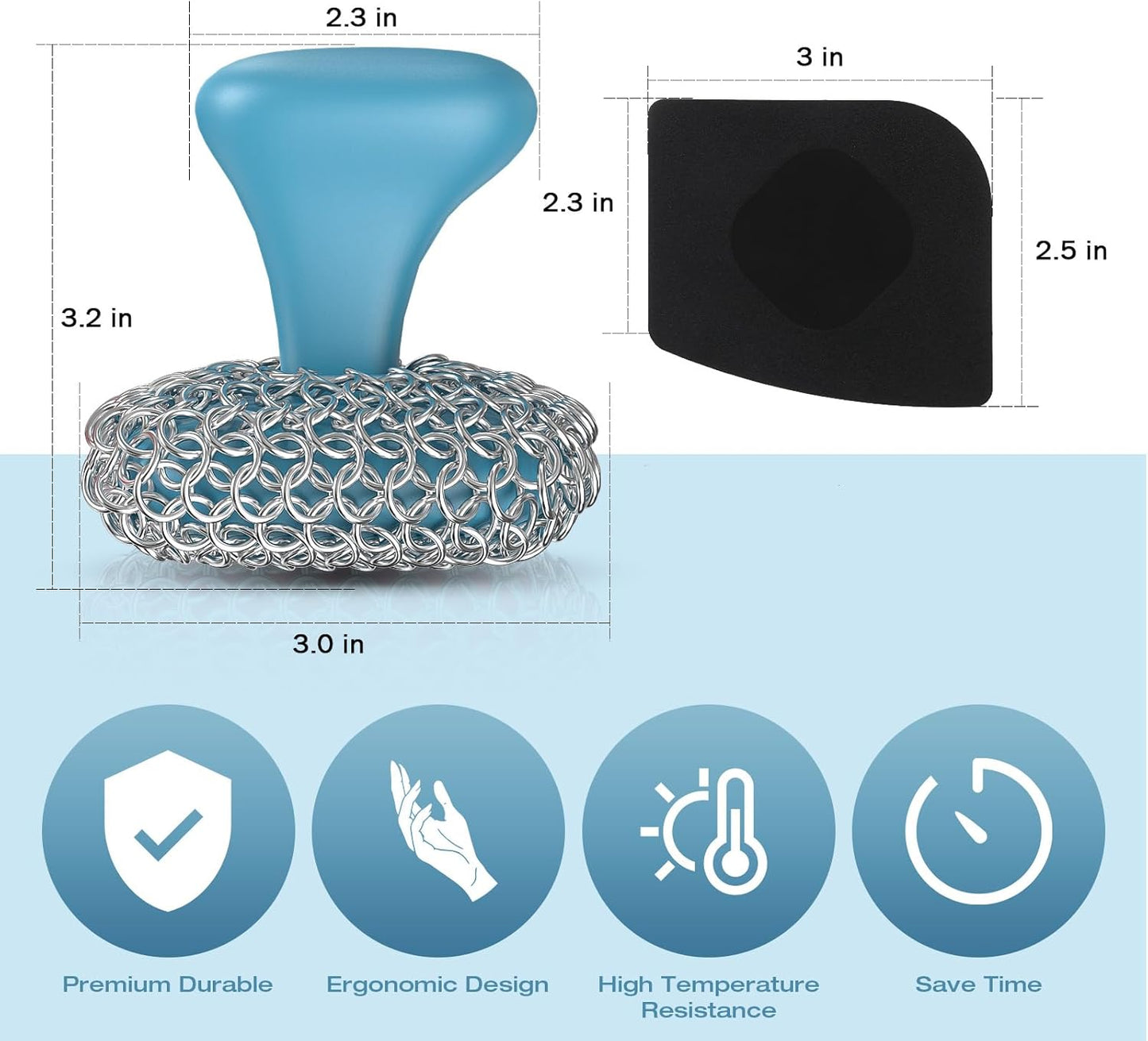 Cast Iron Scrubber | Dish Scrub Brush | 316 Cast Iron Cleaner Chainmail Scrubber for Pan Skillet Cleaner - Dish Scouring Pad Dishwasher Safe Cleaning Kit, Blue