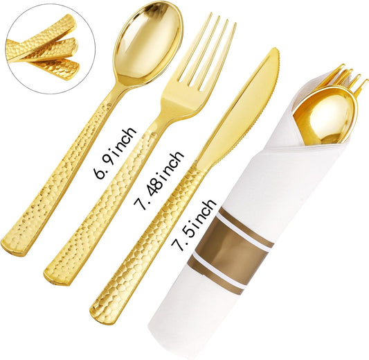 Supernal Set of 60 Wrapped Plastic Silverware Gold Pre Rolled Silverware Set Disposable,Plastic Cutlery for Parties,Disposable Cutlery Heavy Duty with Linen Napkins For Weddings Birhday